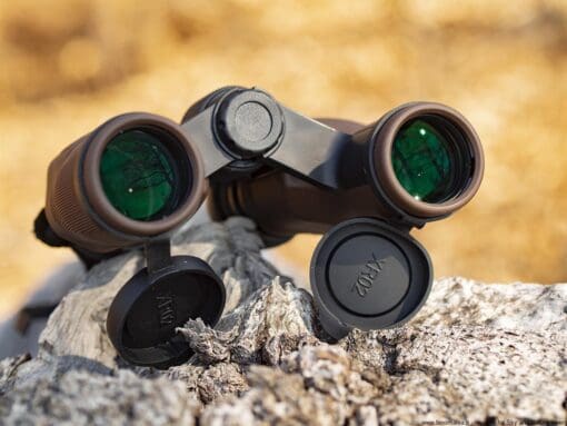 6.5×32 Explore Binoculars laying on a rock